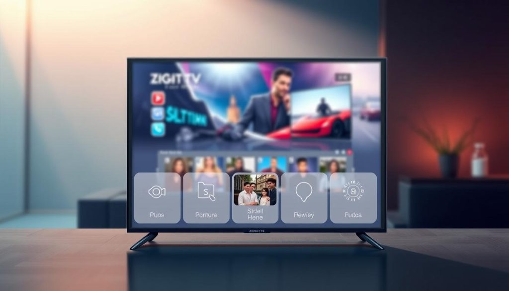 A sleek and modern digital interface showcasing the key features of the &quot;Digitl Tv Plus&quot; ZQMA TV application. The foreground displays a clean, minimalist layout with stylized icons representing the various functions and content offerings. The middle ground features a large, high-definition display screen showcasing vibrant, cinematic imagery, hinting at the diverse channel selection and entertainment options. The background is a softly blurred, gradient-based environment, creating a sense of depth and emphasizing the digital, technological nature of the application. Warm, muted lighting and subtle reflections contribute to an elegant, premium aesthetic, inviting the viewer to explore the ZQMA TV experience.